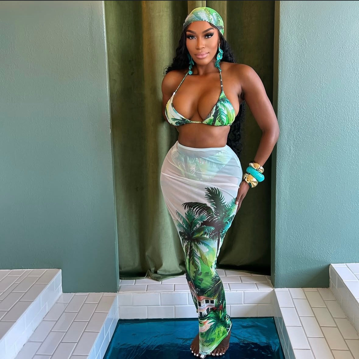 “Tropical” Green 3 Piece Swimsuit