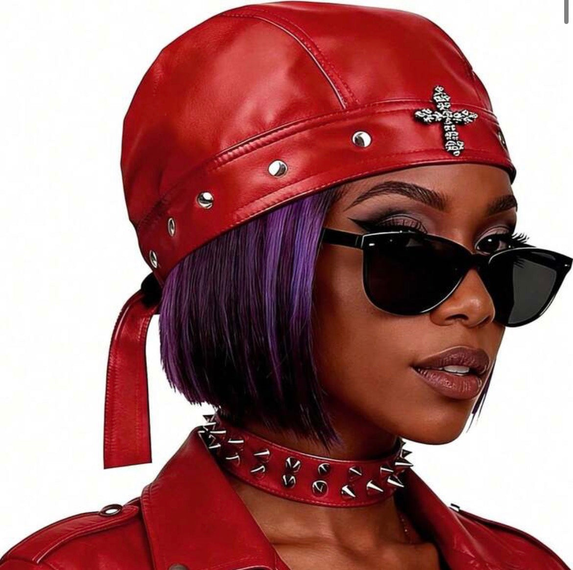 “Studded Cross” Red Biker Cap