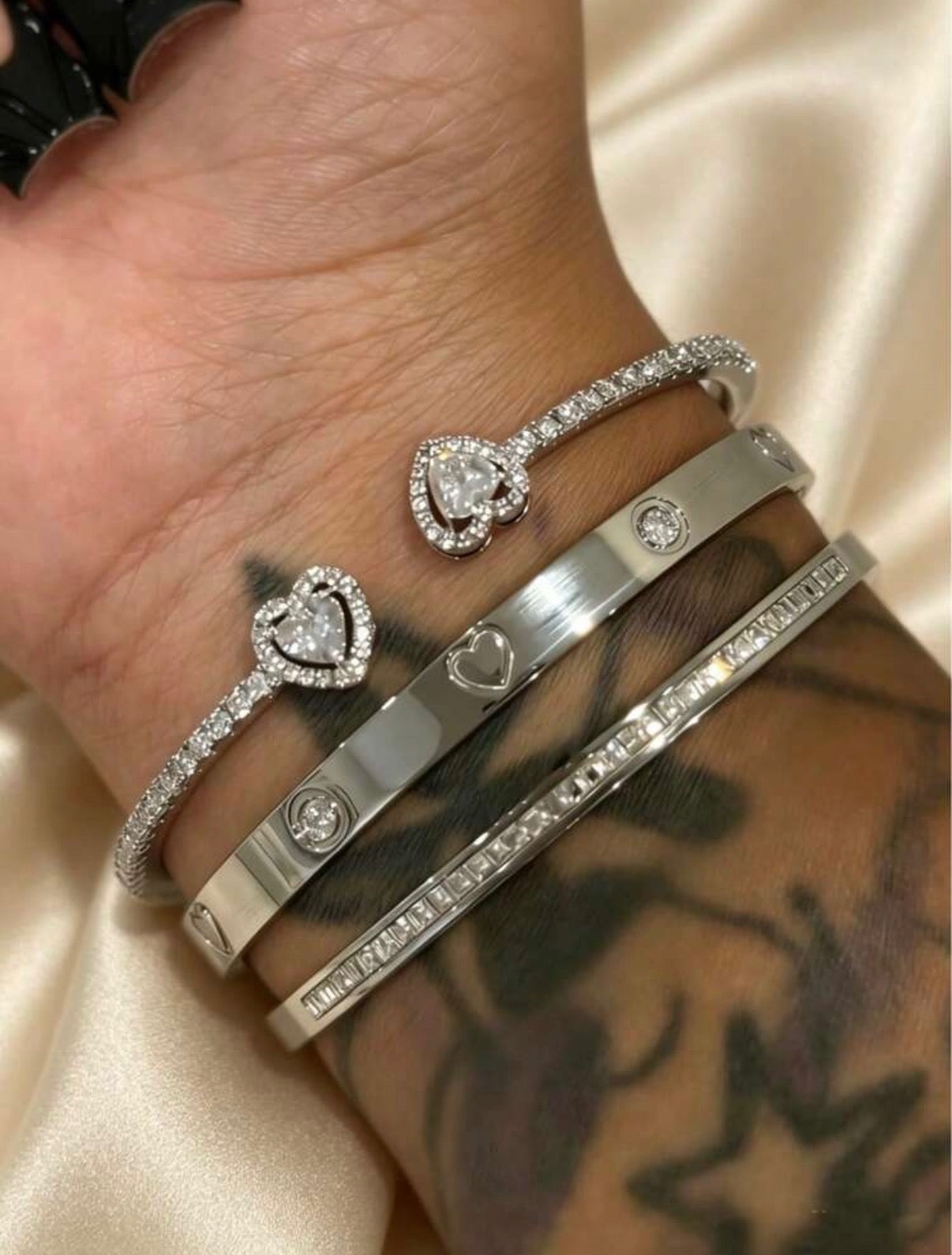 “Stacked Hearts” Silver Bracelet Set