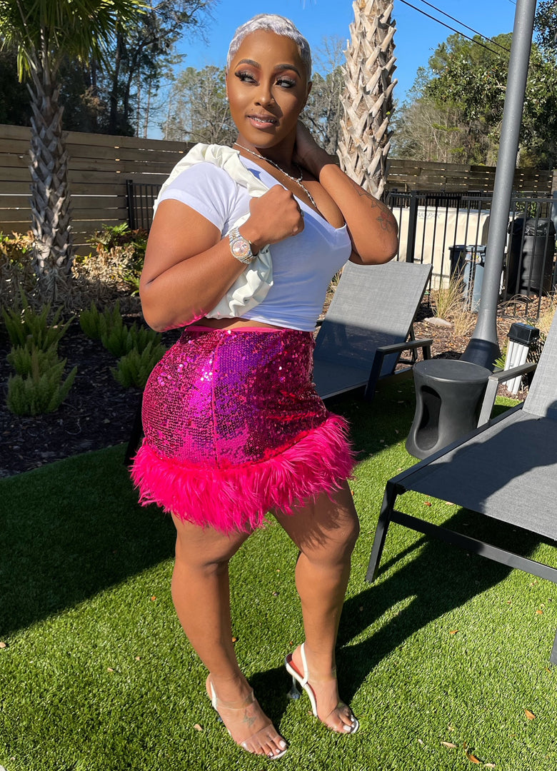 "Party Time" Pink Sequins Feather Skirt
