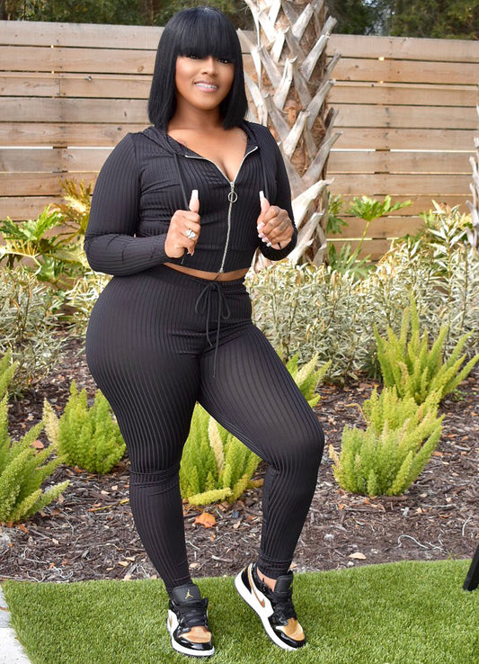 "Road Runner" Black Ribbed 2 Piece Pant Set