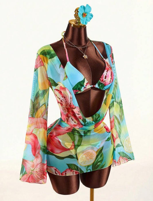 “Flower Bomb” Multicolor 3 Piece Swimsuit