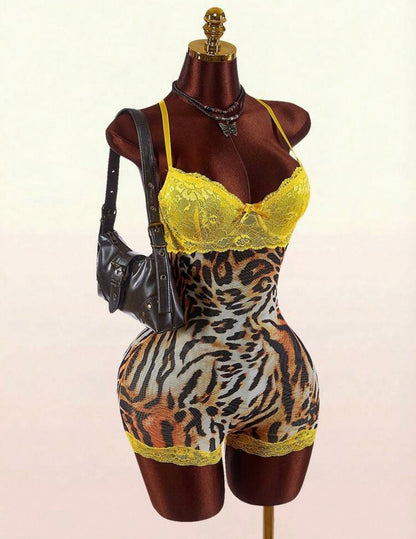 “Feline Lace” Brown Romper