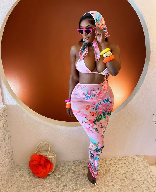 “Tropical” Pink 3 Piece Swimsuit