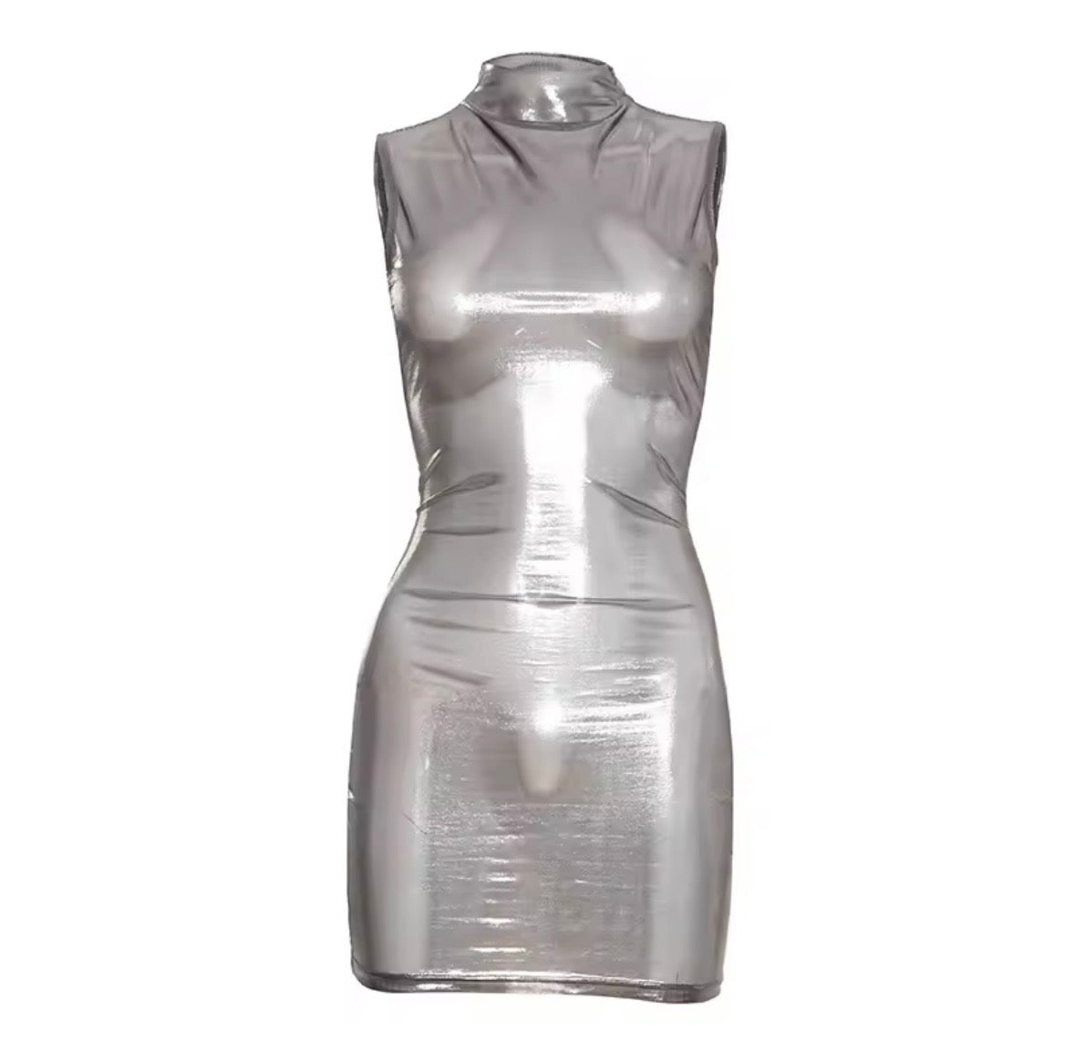 “Sheer Siren” Metallic Silver Dress
