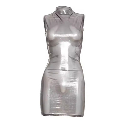 “Sheer Siren” Metallic Silver Dress