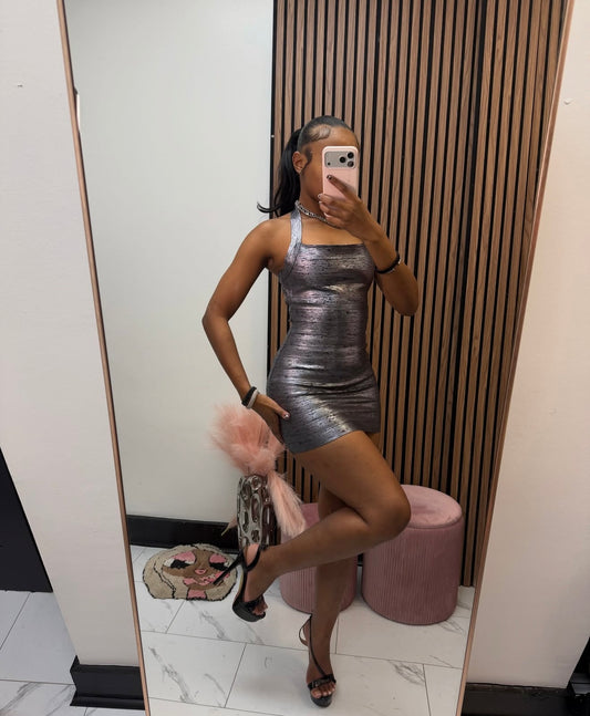 “Liquid Dollar” Metallic Silver Bandage Dress