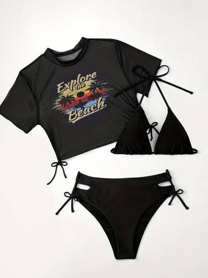 “Explore The Beach” Black 3 Piece Swimsuit