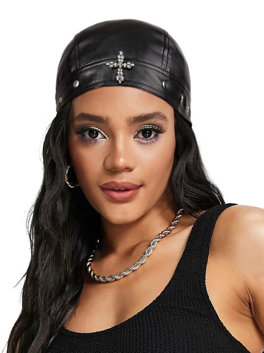 “Studded Cross” Black Biker Cap