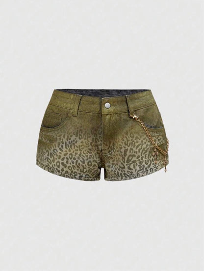 “Leopard Leap” Green Jean Shorts
