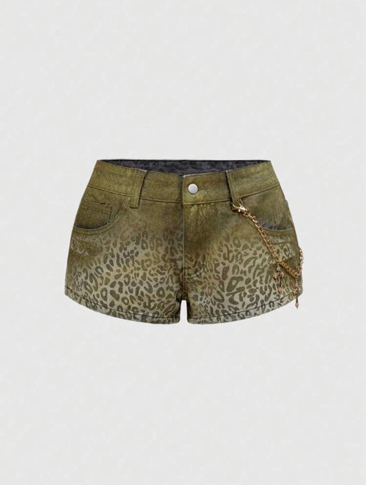 “Leopard Leap” Green Jean Shorts