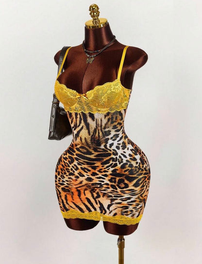 “Leopard Lace” Mustard Yellow Dress