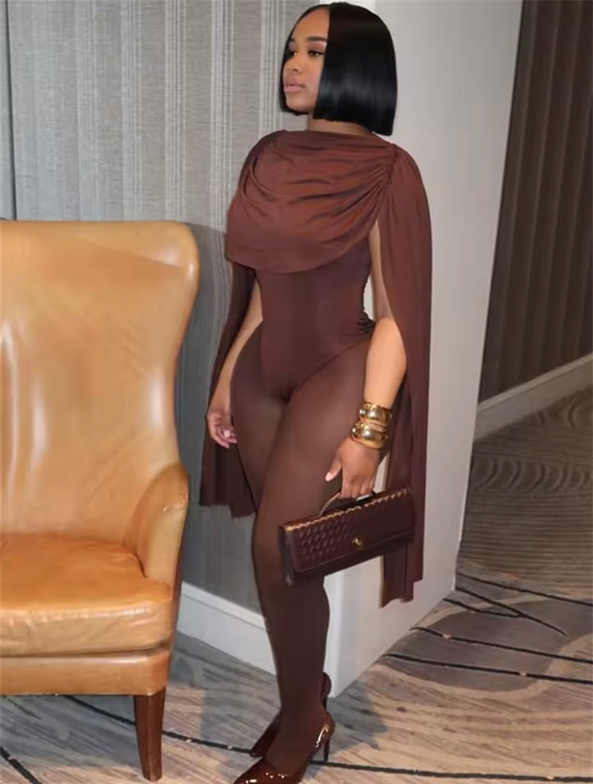“Casey Cape” Brown Jumpsuit