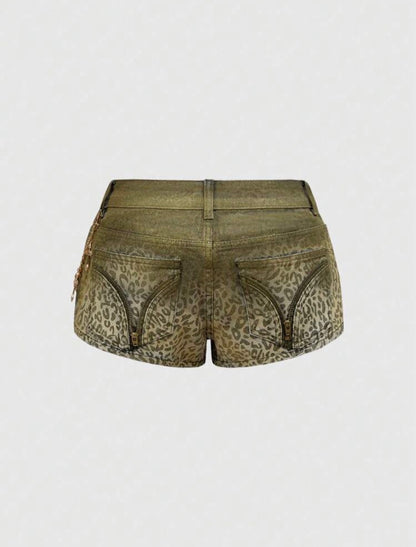 “Leopard Leap” Green Jean Shorts