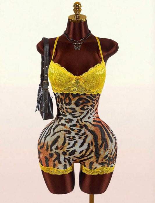 “Feline Lace” Yellow Romper