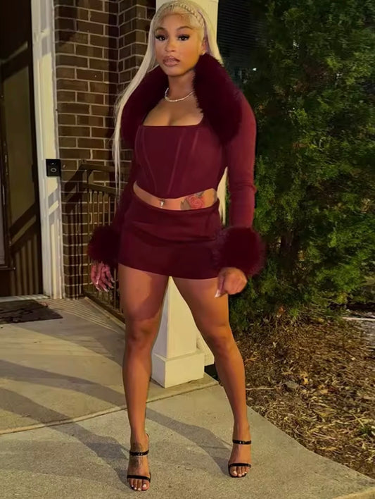 “Faux Furr” Burgundy 3 Piece Set