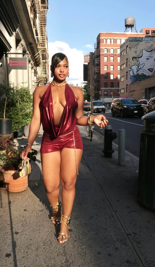 “Liquid Copper” Burgundy Romper