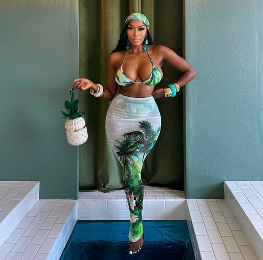“Tropical” Green 3 Piece Swimsuit