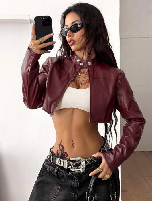 “Nina Eliza” Burgundy Leather Jacket