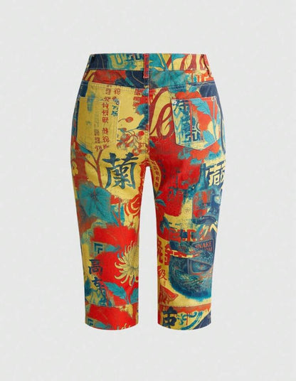 “Tokyo Nights” Deep Multicolor Capri Shorts