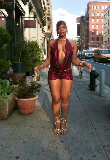“Liquid Copper” Burgundy Romper