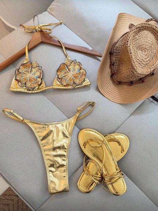 “Flowerette” Gold 2 Piece Swimsuit