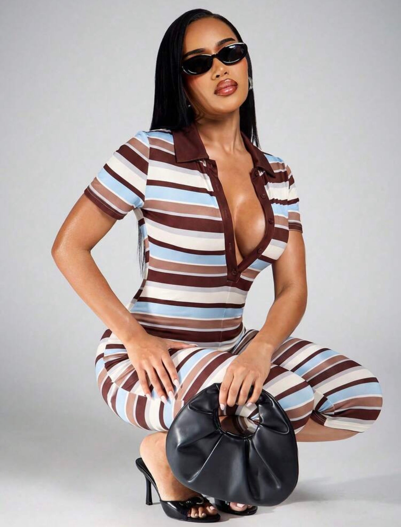“Madam Stripe” Brown Romper