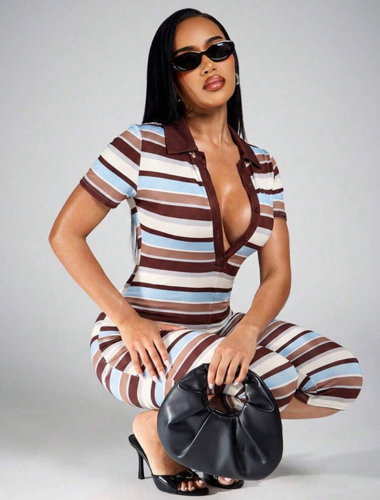 “Madam Stripe” Brown Romper