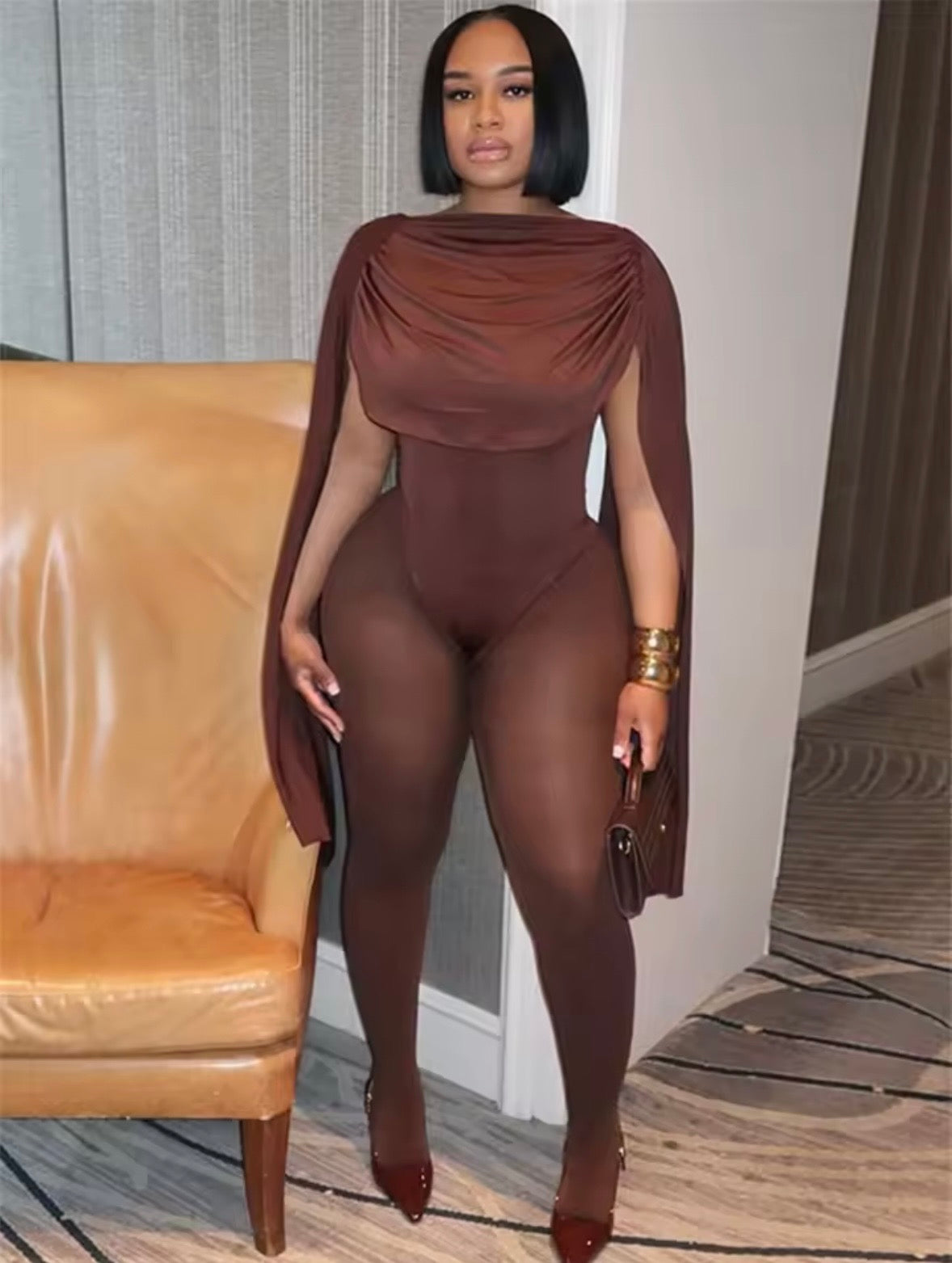 “Casey Cape” Brown Jumpsuit