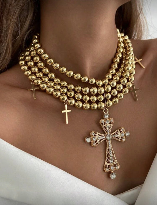 “Pearl Crossing” Gold Necklace