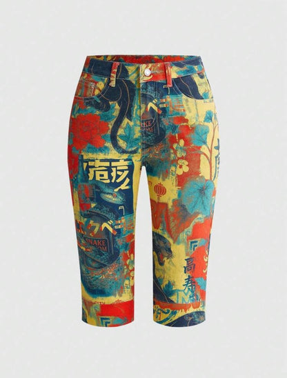 “Tokyo Nights” Deep Multicolor Capri Shorts