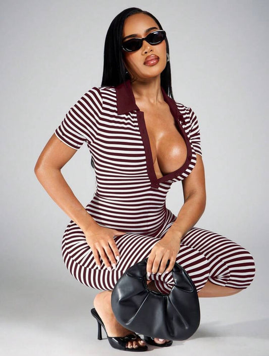 “Madam Stripe” Burgundy Romper
