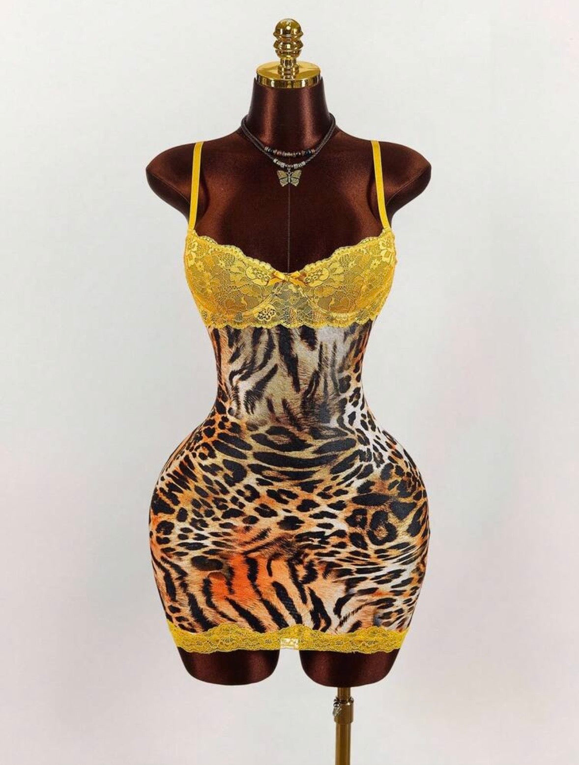 “Leopard Lace” Mustard Yellow Dress