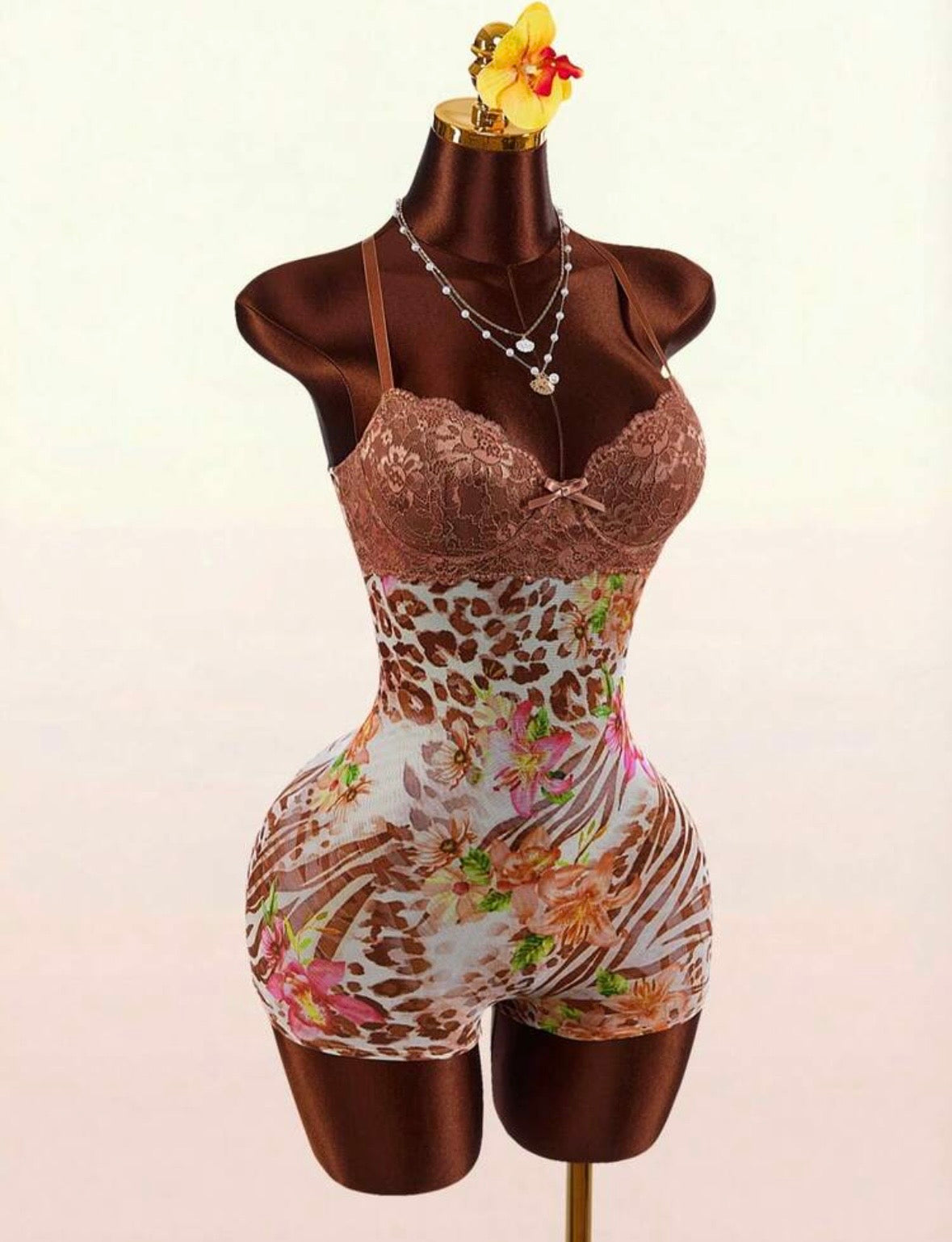“Feline Lace” Brown Romper