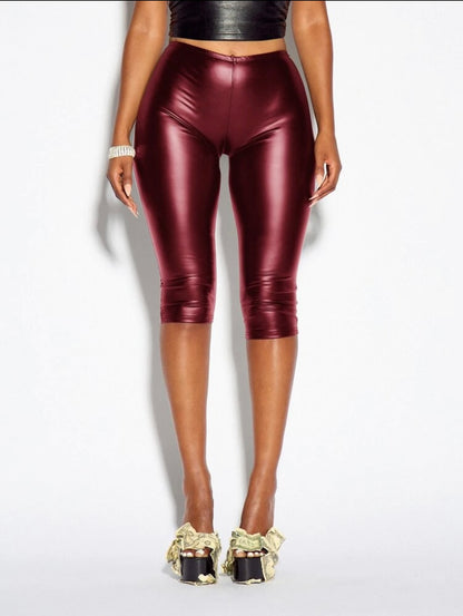 “Coated Liquid” Burgundy Capri Shorts