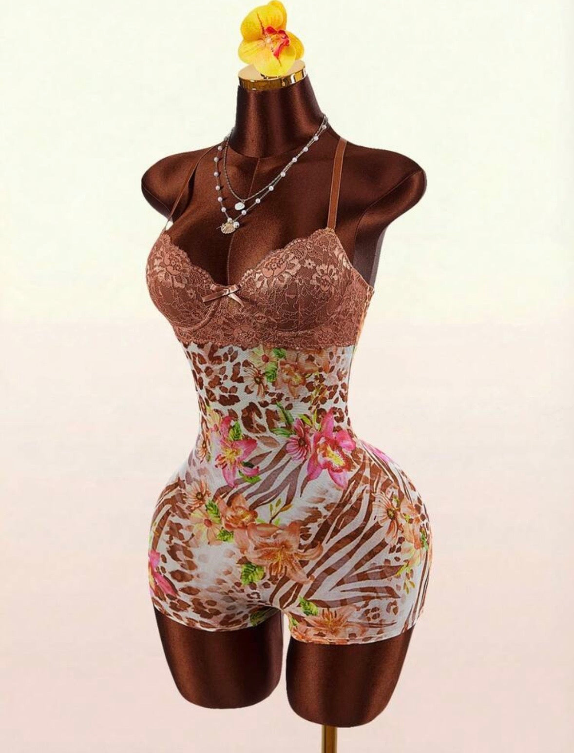 “Feline Lace” Brown Romper
