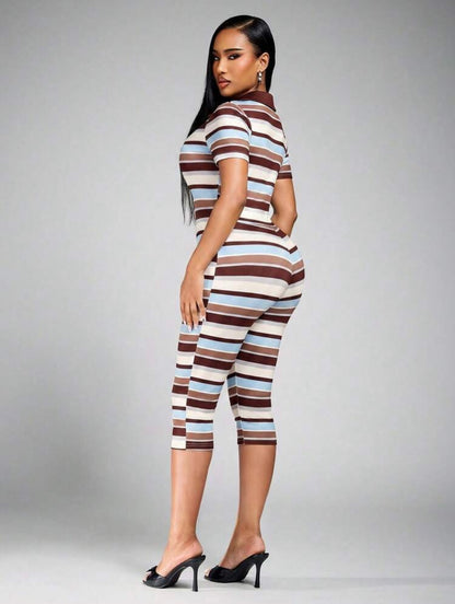 “Madam Stripe” Brown Romper