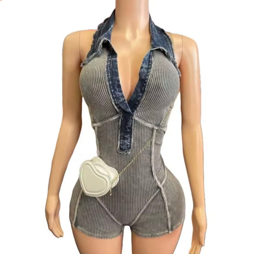 “Denim Reels” Blue Ribbed Romper