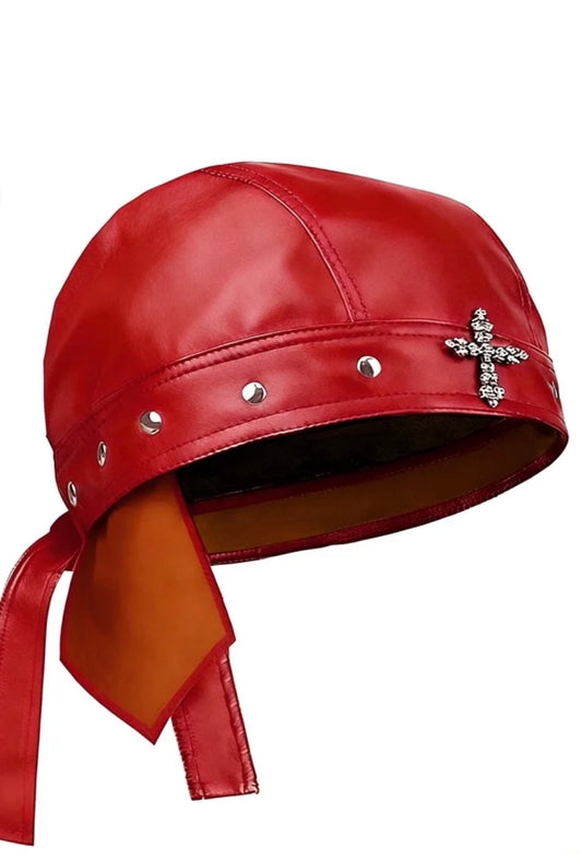 “Studded Cross” Red Biker Cap